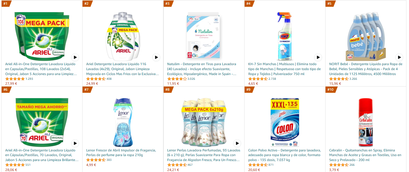 Top 10 más vendidos en detergente para lavadora en Amazon